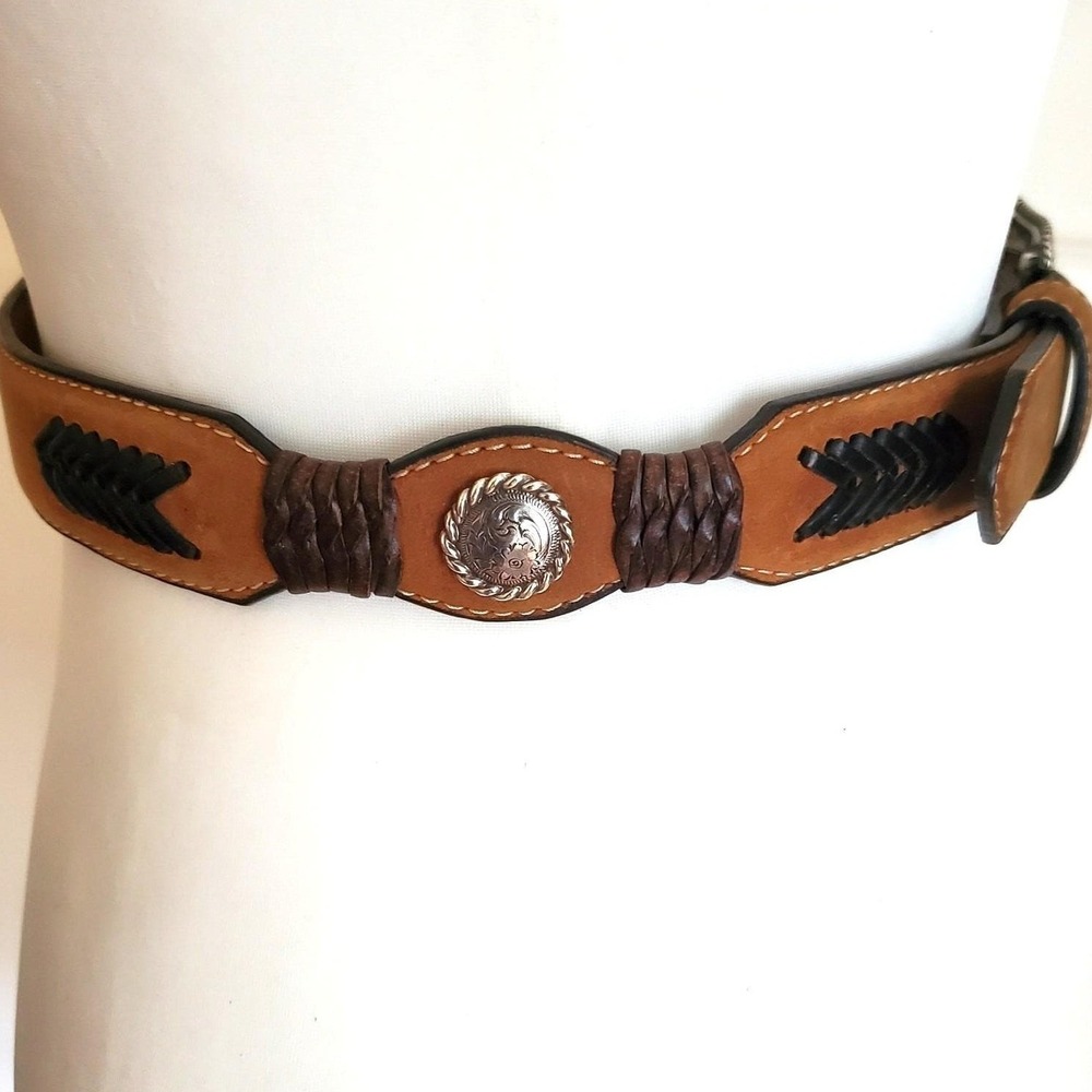 Nocona Tan Brown Leather Belt 26 Western Braided Western Concho Floral Buckle